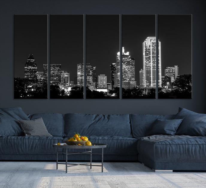 Black and White Large Dallas Skyline Wall Art Cityscape Canvas Print