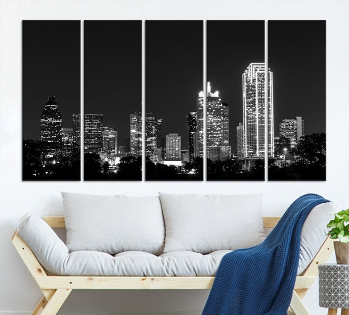 Black and White Large Dallas Skyline Wall Art Cityscape Canvas Print