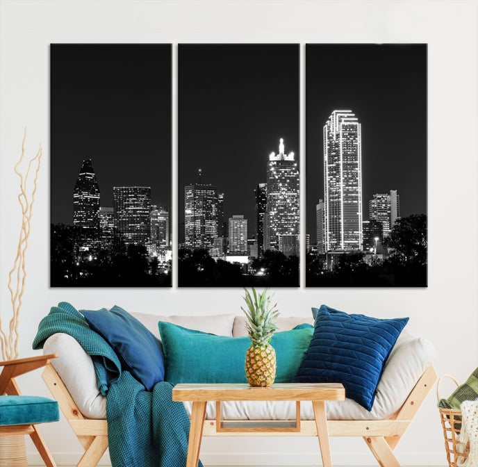 Black and White Large Dallas Skyline Wall Art Cityscape Canvas Print