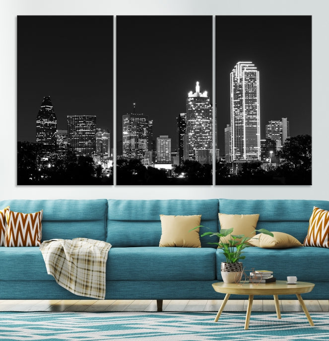 Black and White Large Dallas Skyline Wall Art Cityscape Canvas Print