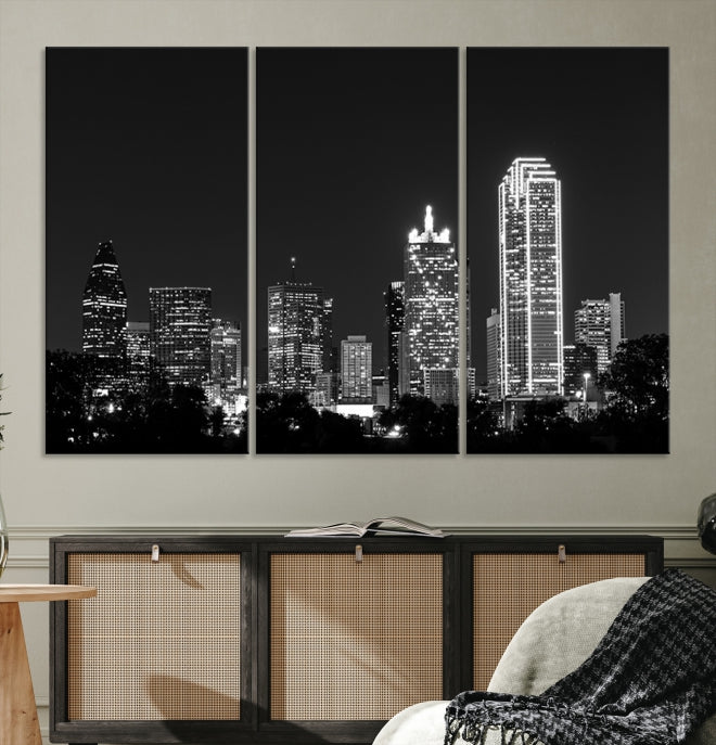 Black and White Large Dallas Skyline Wall Art Cityscape Canvas Print