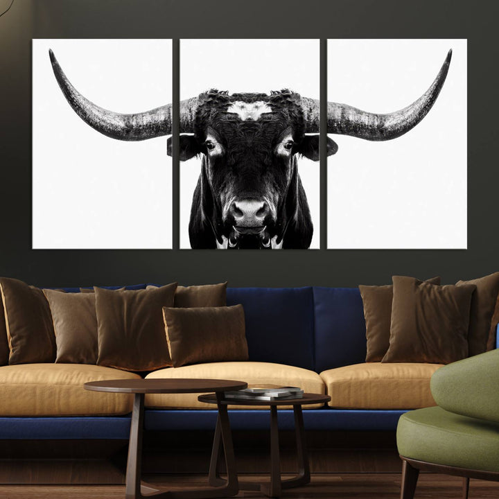 Black and White Longhorn Canvas Wall Art Print, Large Longhorn Bull Wall Art Canvas Print for Living Room, Western Decor, and Rustic Farmhouse Style