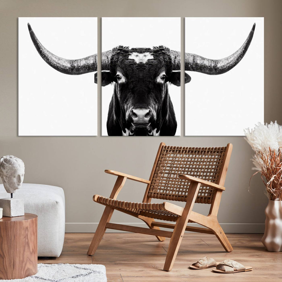 Black and White Longhorn Canvas Wall Art Print, Large Longhorn Bull Wall Art Canvas Print for Living Room, Western Decor, and Rustic Farmhouse Style