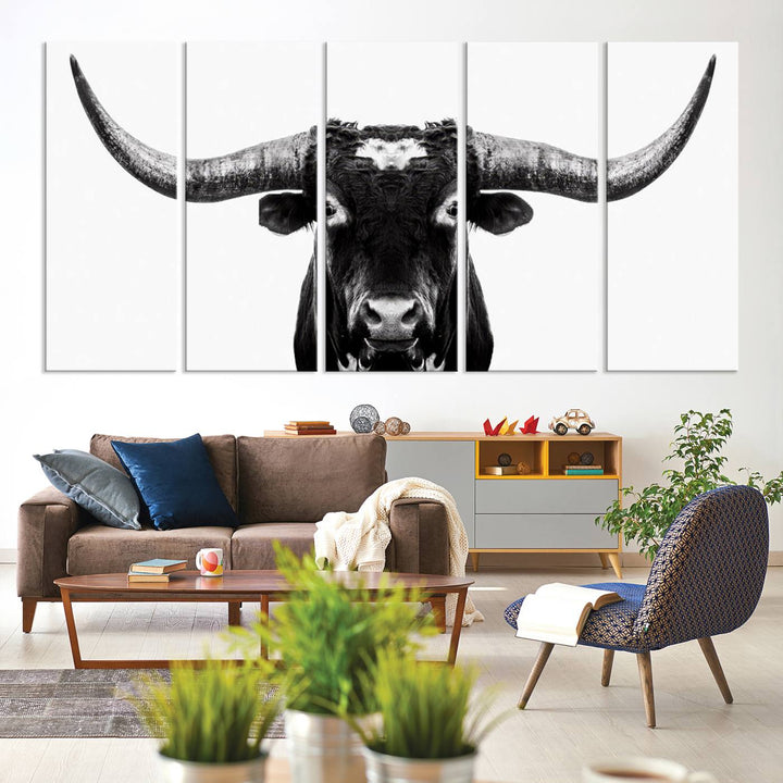 Black and White Longhorn Canvas Wall Art Print, Large Longhorn Bull Wall Art Canvas Print for Living Room, Western Decor, and Rustic Farmhouse Style