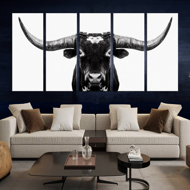 Black and White Longhorn Canvas Wall Art Print, Large Longhorn Bull Wall Art Canvas Print for Living Room, Western Decor, and Rustic Farmhouse Style