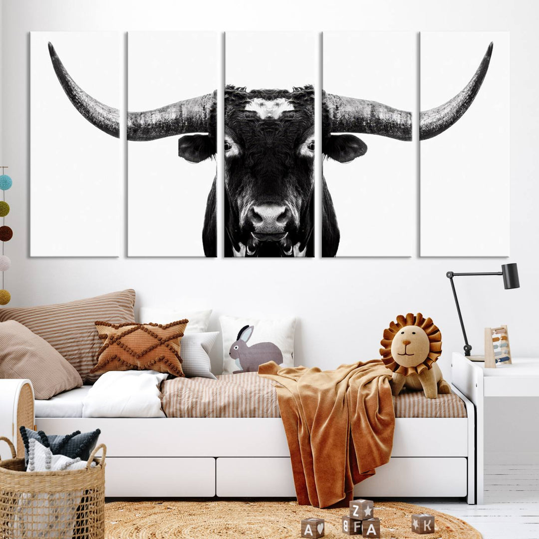 Black and White Longhorn Canvas Wall Art Print, Large Longhorn Bull Wall Art Canvas Print for Living Room, Western Decor, and Rustic Farmhouse Style