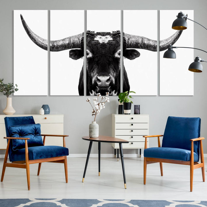 Black and White Longhorn Canvas Wall Art Print, Large Longhorn Bull Wall Art Canvas Print for Living Room, Western Decor, and Rustic Farmhouse Style