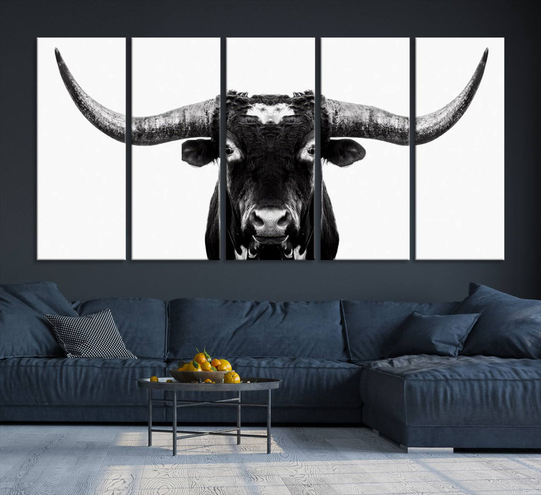 Black and White Longhorn Canvas Wall Art Print, Large Longhorn Bull Wall Art Canvas Print for Living Room, Western Decor, and Rustic Farmhouse Style