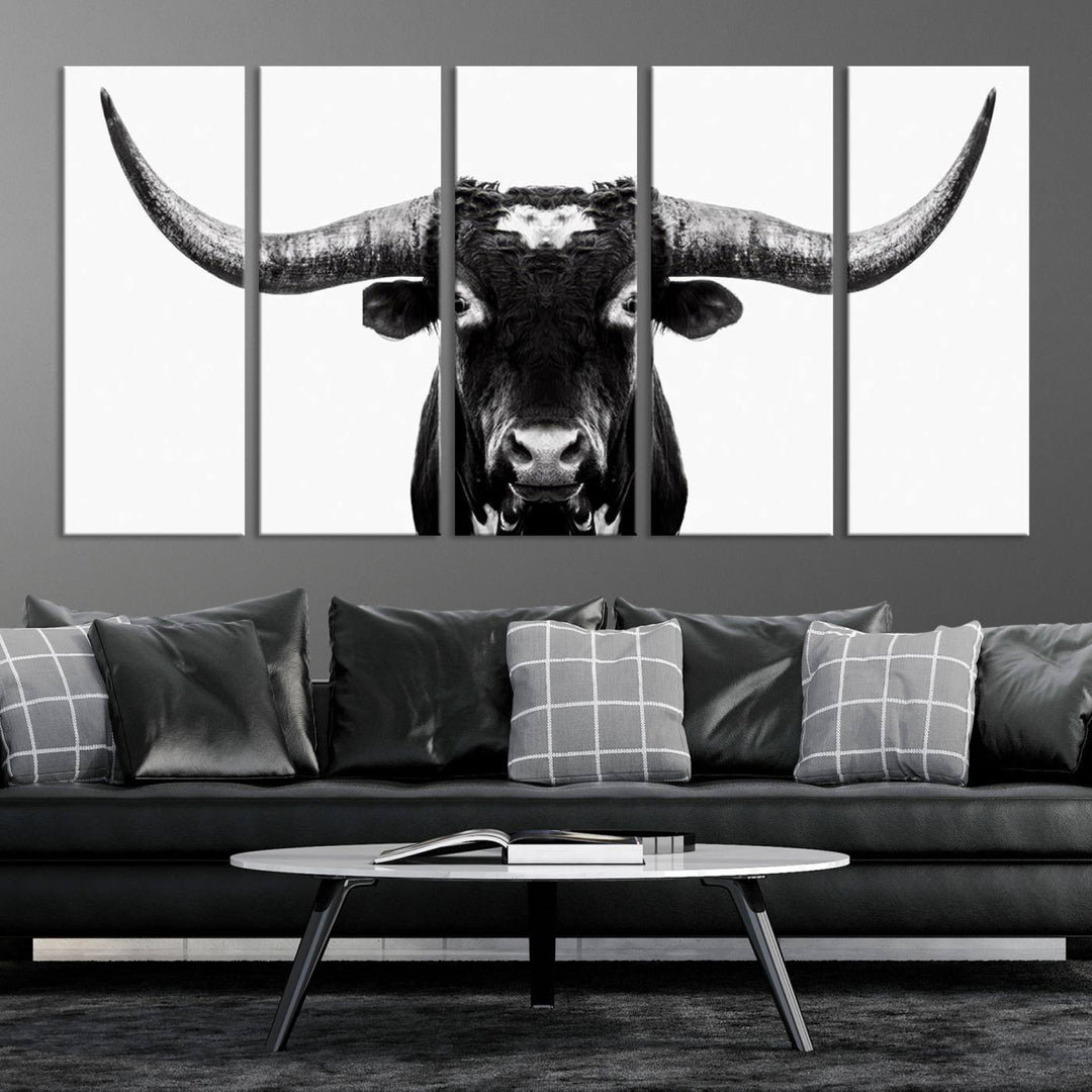 Black and White Longhorn Canvas Wall Art Print, Large Longhorn Bull Wall Art Canvas Print for Living Room, Western Decor, and Rustic Farmhouse Style