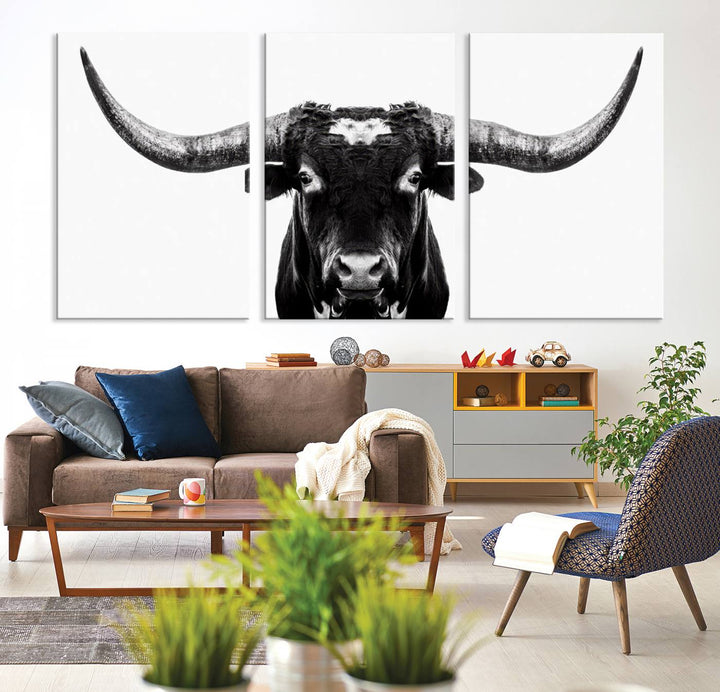 Black and White Longhorn Canvas Wall Art Print, Large Longhorn Bull Wall Art Canvas Print for Living Room, Western Decor, and Rustic Farmhouse Style