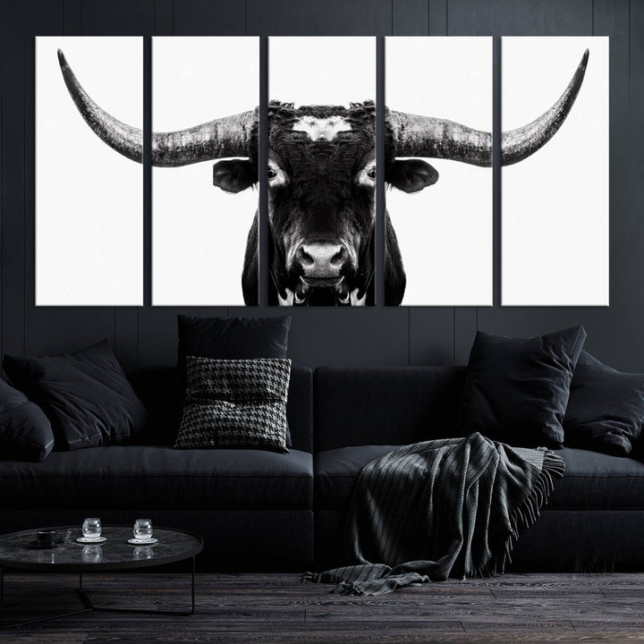 Black and White Longhorn Canvas Wall Art Print, Large Longhorn Bull Wall Art Canvas Print for Living Room, Western Decor, and Rustic Farmhouse Style