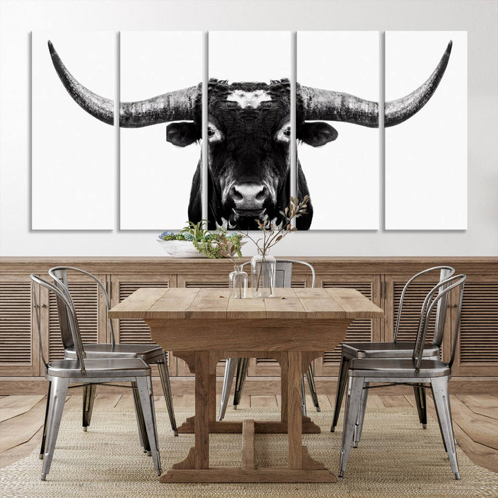 Black and White Longhorn Canvas Wall Art Print, Large Longhorn Bull Wall Art Canvas Print for Living Room, Western Decor, and Rustic Farmhouse Style