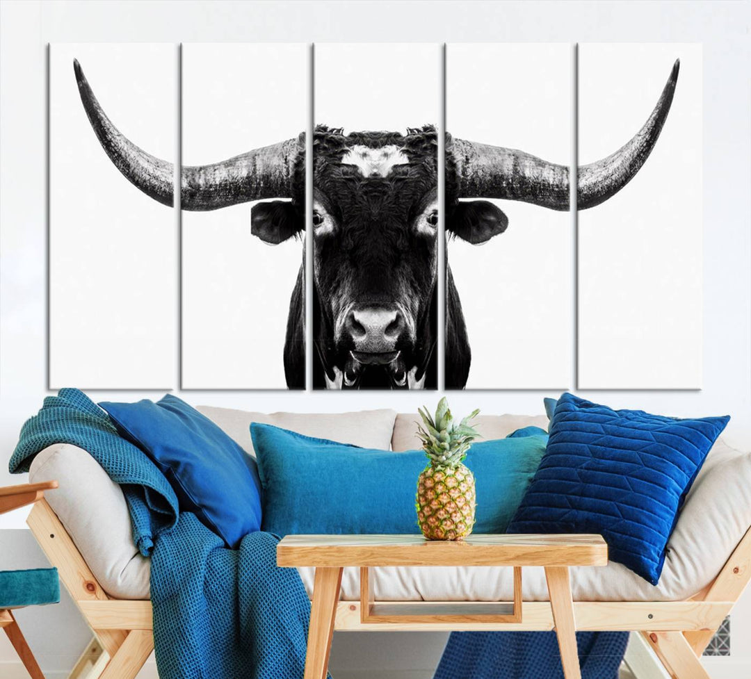 Black and White Longhorn Canvas Wall Art Print, Large Longhorn Bull Wall Art Canvas Print for Living Room, Western Decor, and Rustic Farmhouse Style