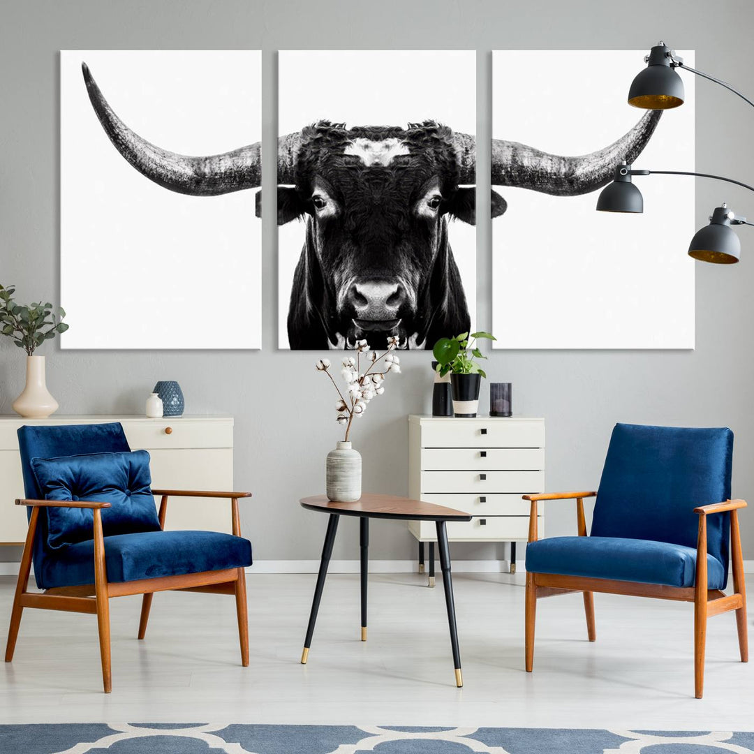 Black and White Longhorn Canvas Wall Art Print, Large Longhorn Bull Wall Art Canvas Print for Living Room, Western Decor, and Rustic Farmhouse Style