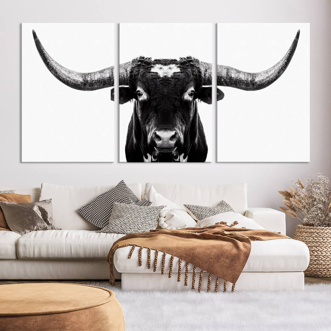 Black and White Longhorn Canvas Wall Art Print, Large Longhorn Bull Wall Art Canvas Print for Living Room, Western Decor, and Rustic Farmhouse Style