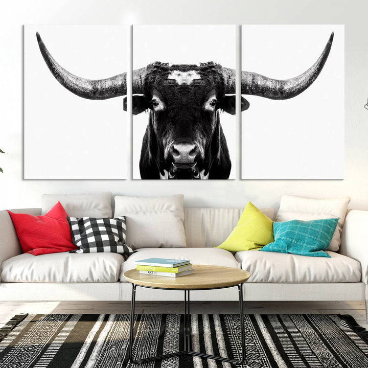 Black and White Longhorn Canvas Wall Art Print, Large Longhorn Bull Wall Art Canvas Print for Living Room, Western Decor, and Rustic Farmhouse Style