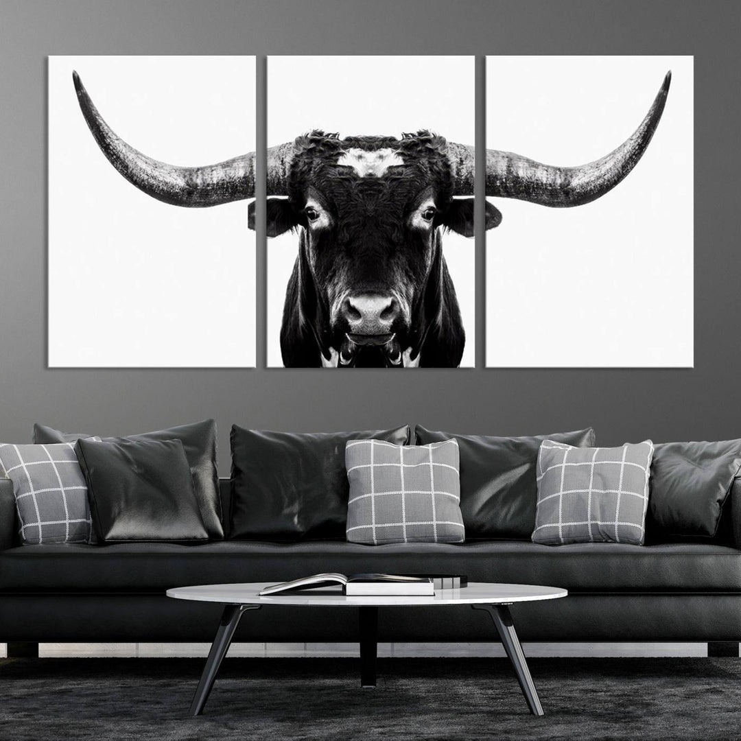 Black and White Longhorn Canvas Wall Art Print, Large Longhorn Bull Wall Art Canvas Print for Living Room, Western Decor, and Rustic Farmhouse Style