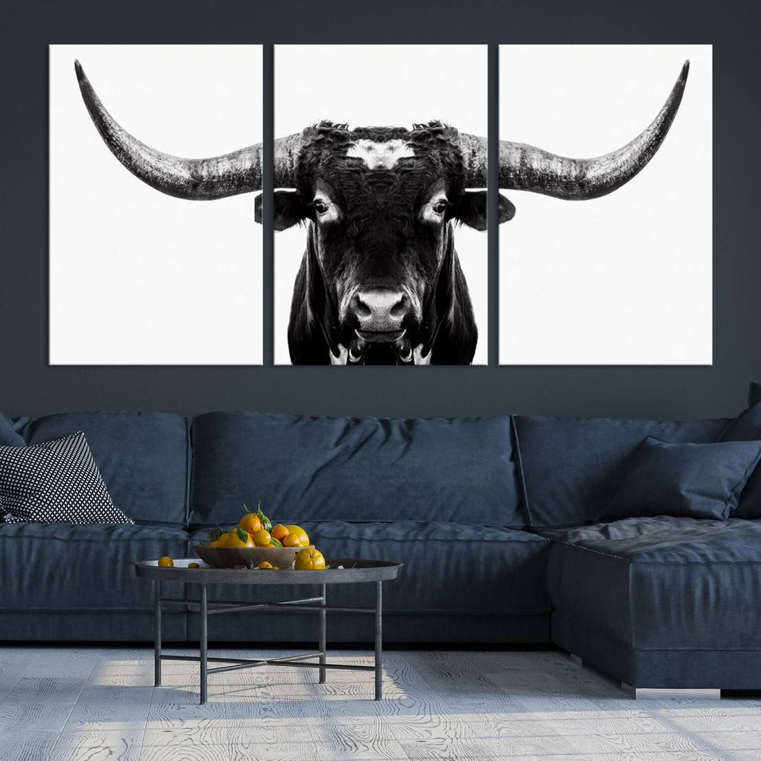 Black and White Longhorn Canvas Wall Art Print, Large Longhorn Bull Wall Art Canvas Print for Living Room, Western Decor, and Rustic Farmhouse Style