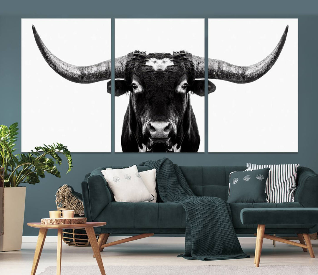 Black and White Longhorn Canvas Wall Art Print, Large Longhorn Bull Wall Art Canvas Print for Living Room, Western Decor, and Rustic Farmhouse Style