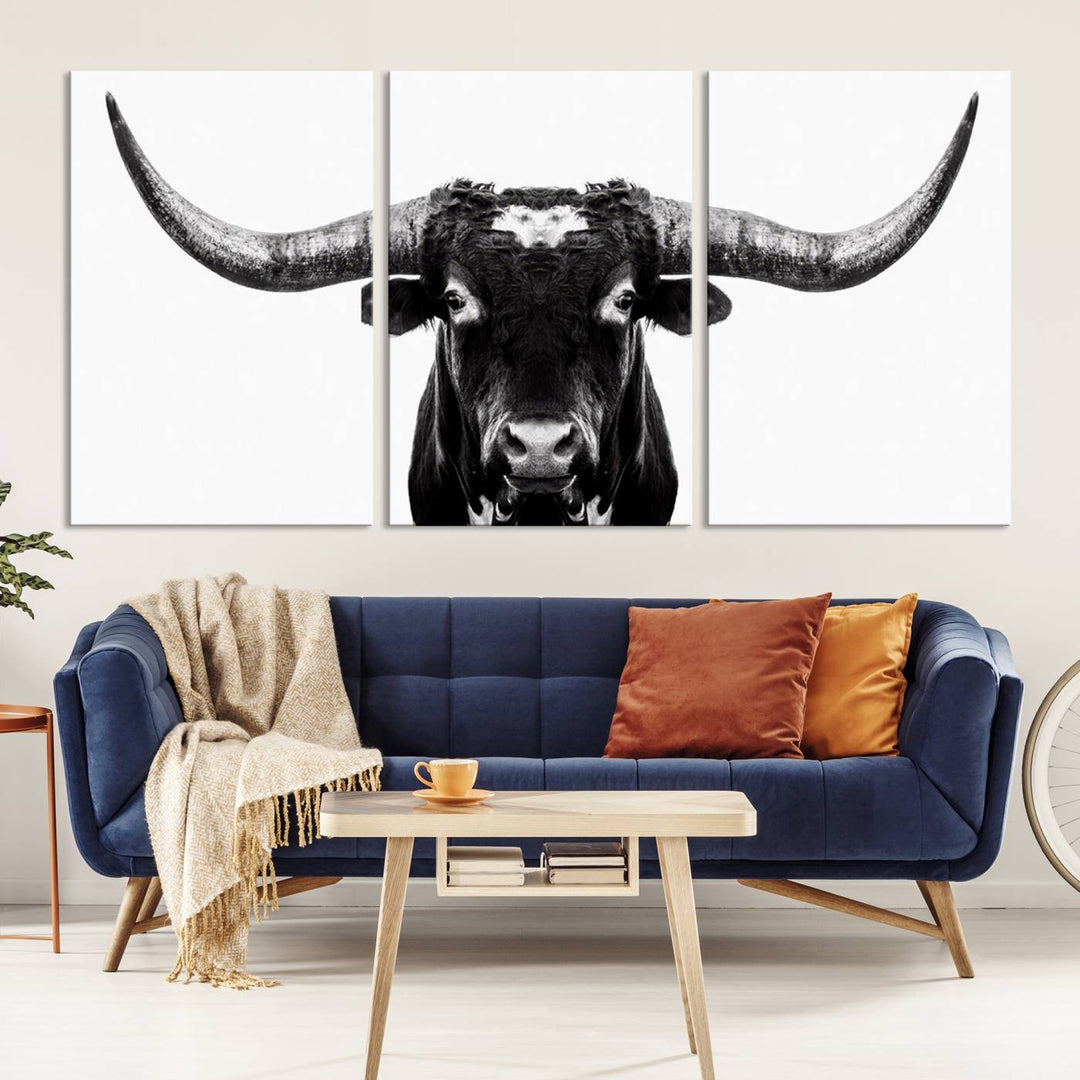 Black and White Longhorn Canvas Wall Art Print, Large Longhorn Bull Wall Art Canvas Print for Living Room, Western Decor, and Rustic Farmhouse Style