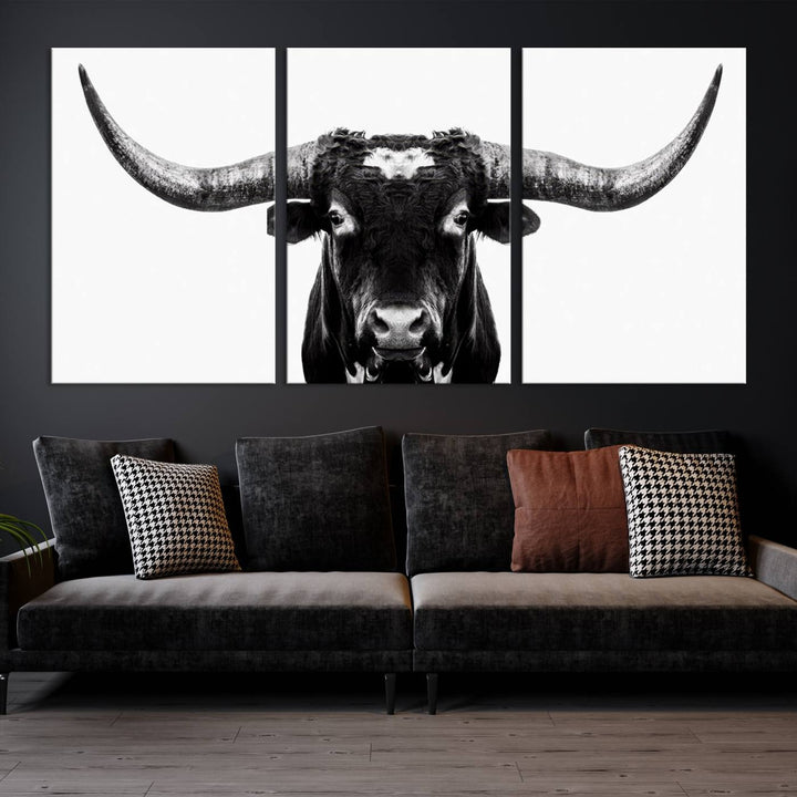 Black and White Longhorn Canvas Wall Art Print, Large Longhorn Bull Wall Art Canvas Print for Living Room, Western Decor, and Rustic Farmhouse Style