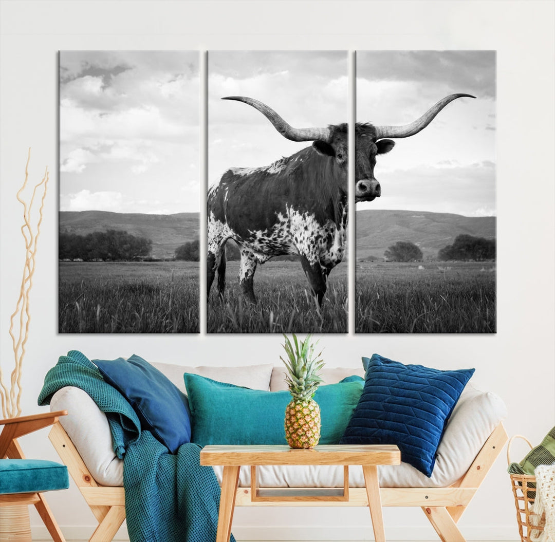 Black and White Longhorn Texas Cow Canvas Print Large Wall Art Framed