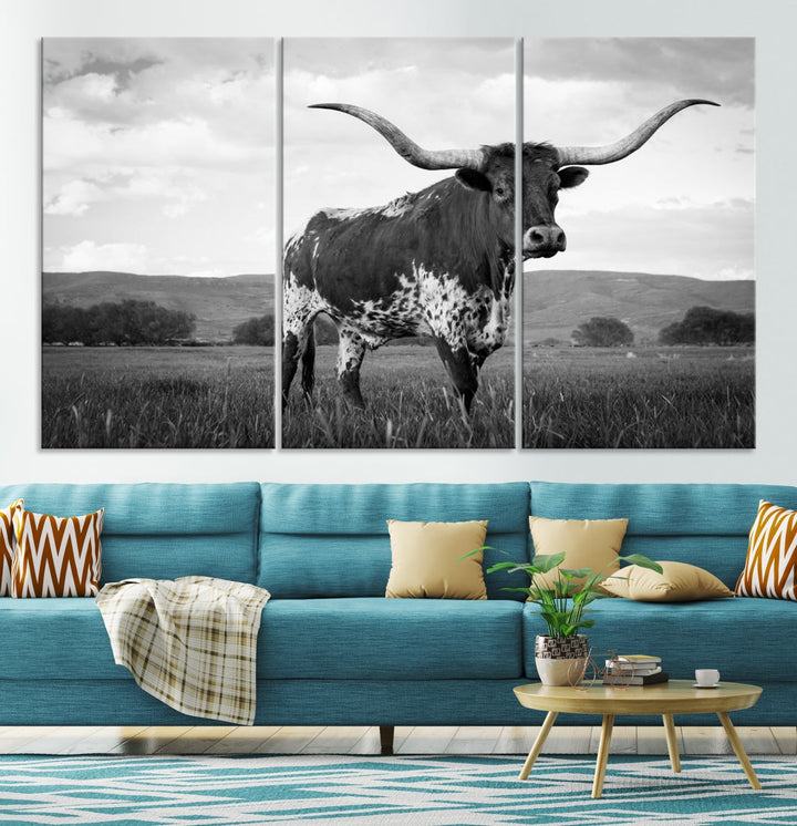 Black and White Longhorn Texas Cow Canvas Print Large Wall Art Framed