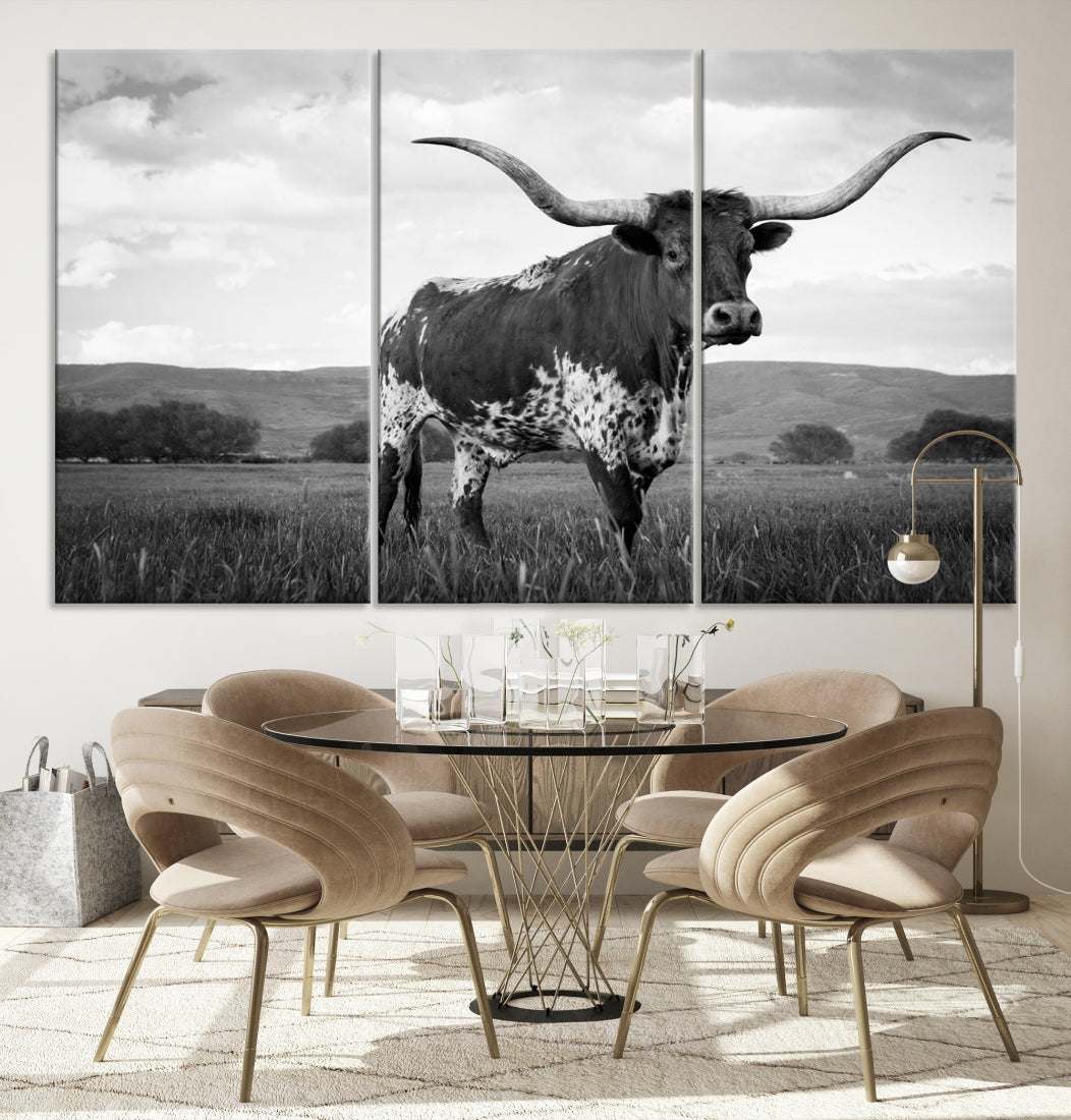 Black and White Longhorn Texas Cow Canvas Print Large Wall Art Framed