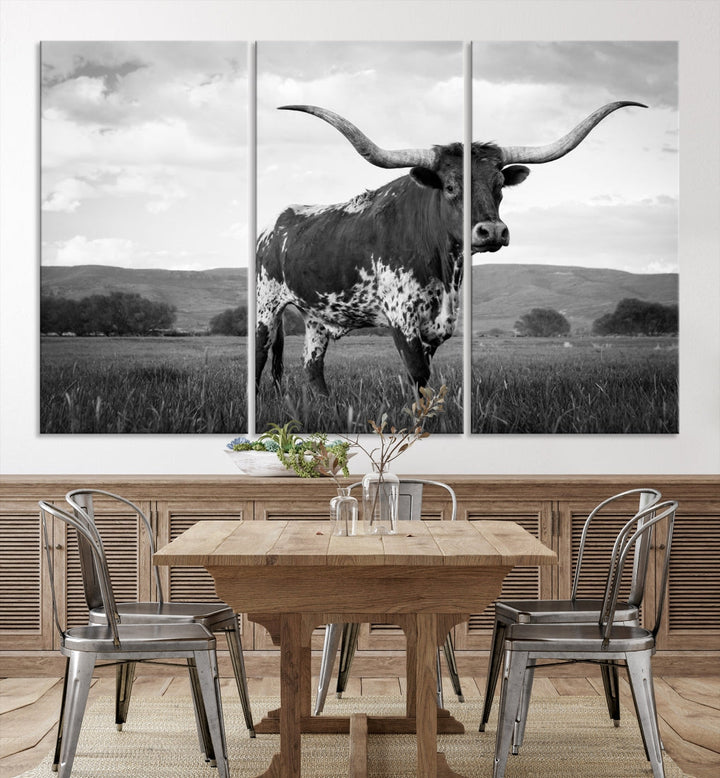 Black and White Longhorn Texas Cow Canvas Print Large Wall Art Framed