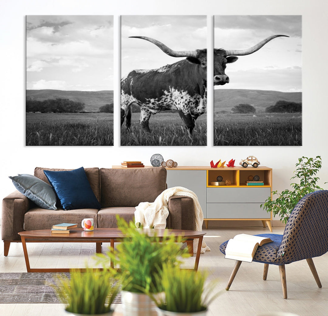 Black and White Longhorn Texas Cow Canvas Print Large Wall Art Framed