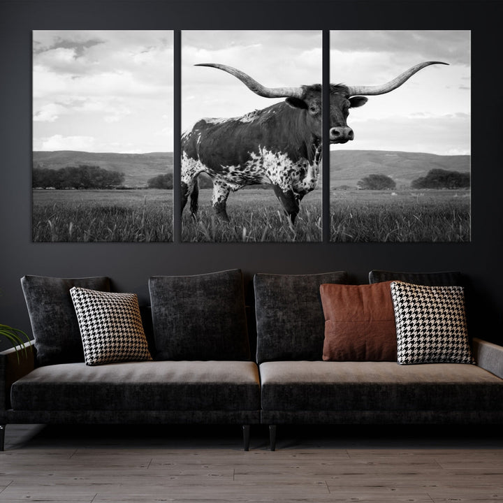 Black and White Longhorn Texas Cow Canvas Print Large Wall Art Framed