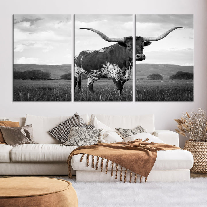 Black and White Longhorn Texas Cow Canvas Print Large Wall Art Framed