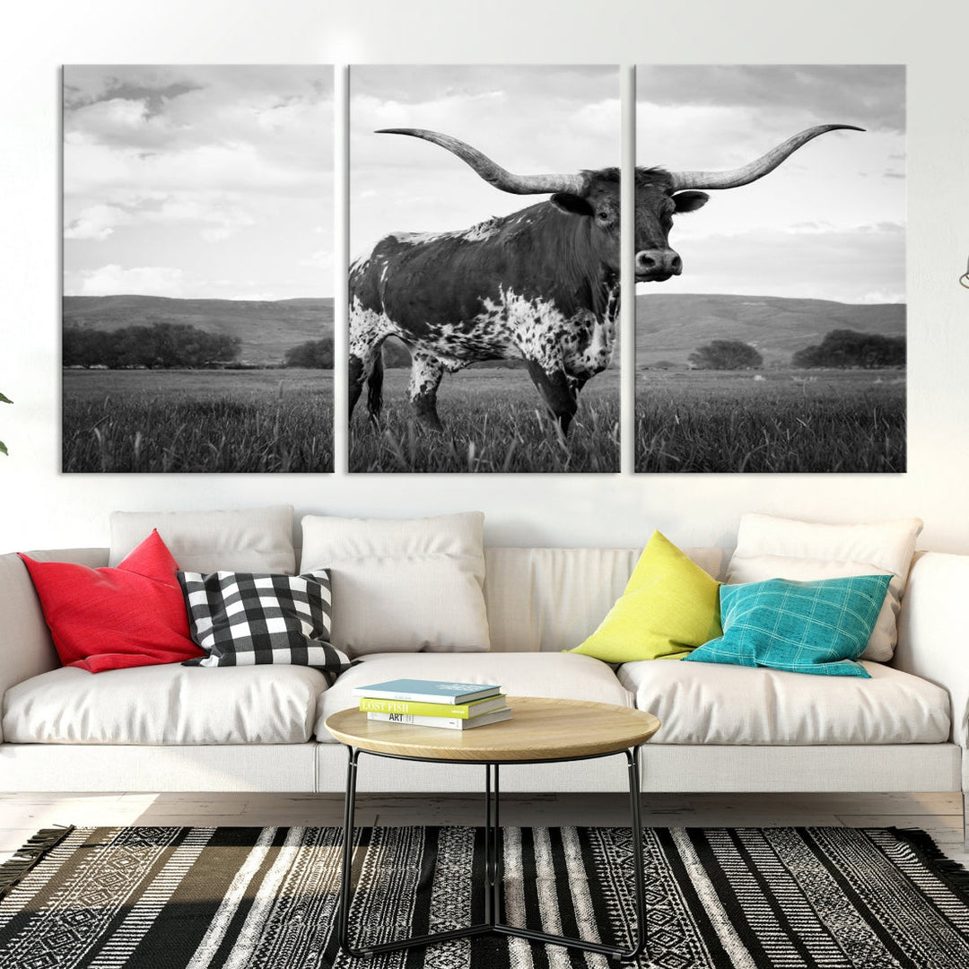 Black and White Longhorn Texas Cow Canvas Print Large Wall Art Framed