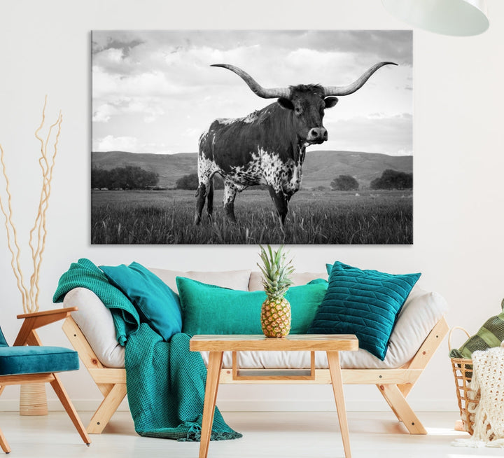 Black and White Longhorn Texas Cow Canvas Print Large Wall Art Framed