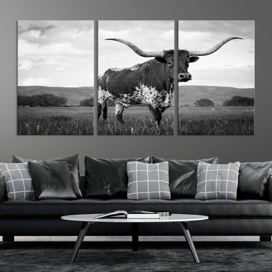 Black and White Longhorn Texas Cow Canvas Print Large Wall Art Framed