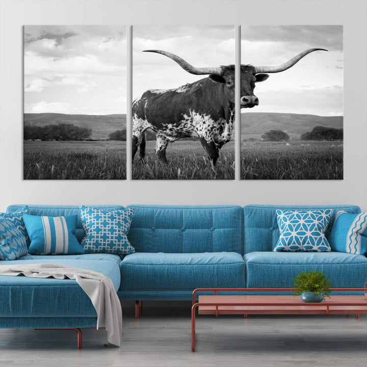 Black and White Longhorn Texas Cow Canvas Print Large Wall Art Framed