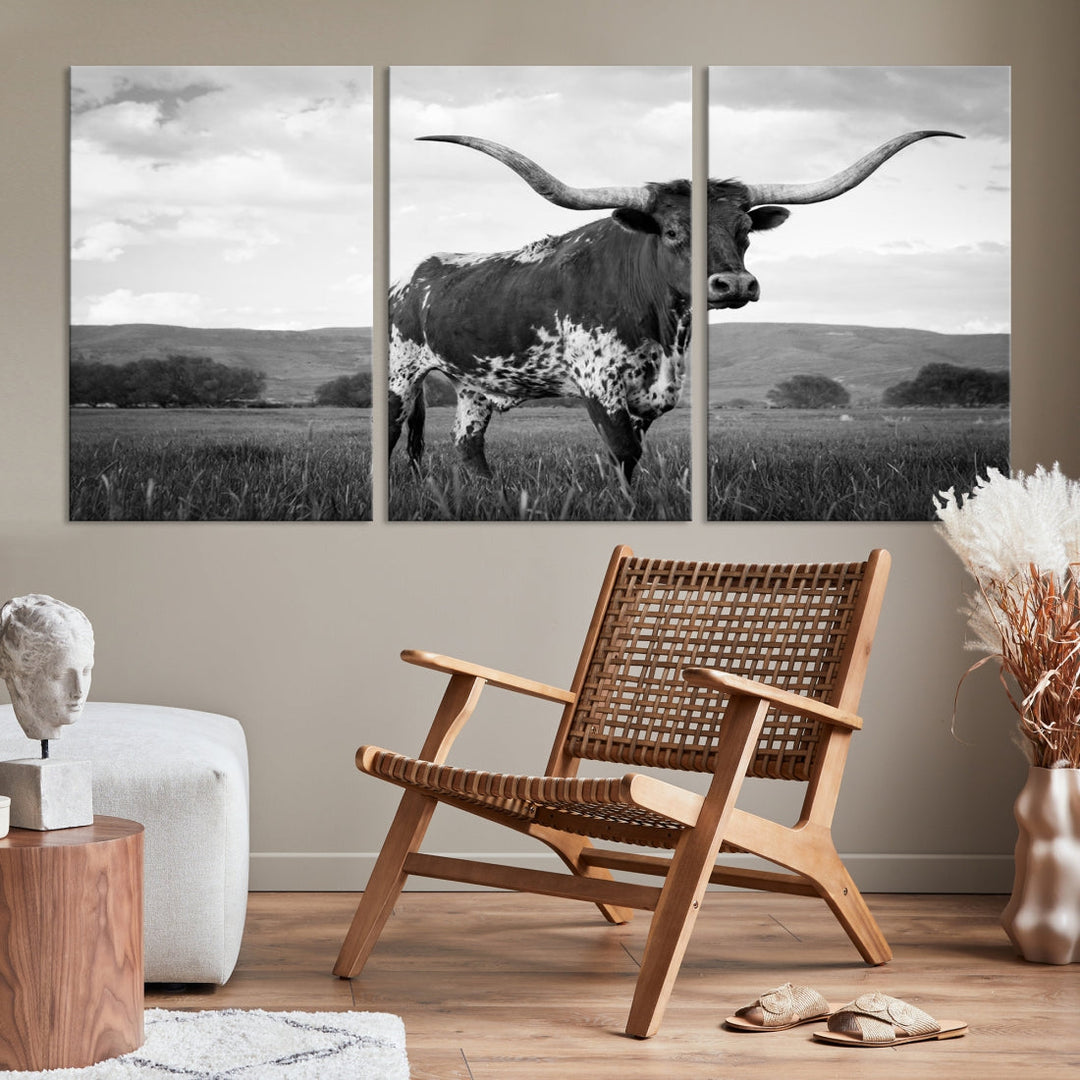 Black and White Longhorn Texas Cow Canvas Print Large Wall Art Framed