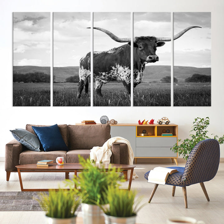 Black and White Longhorn Texas Cow Canvas Print Large Wall Art Framed