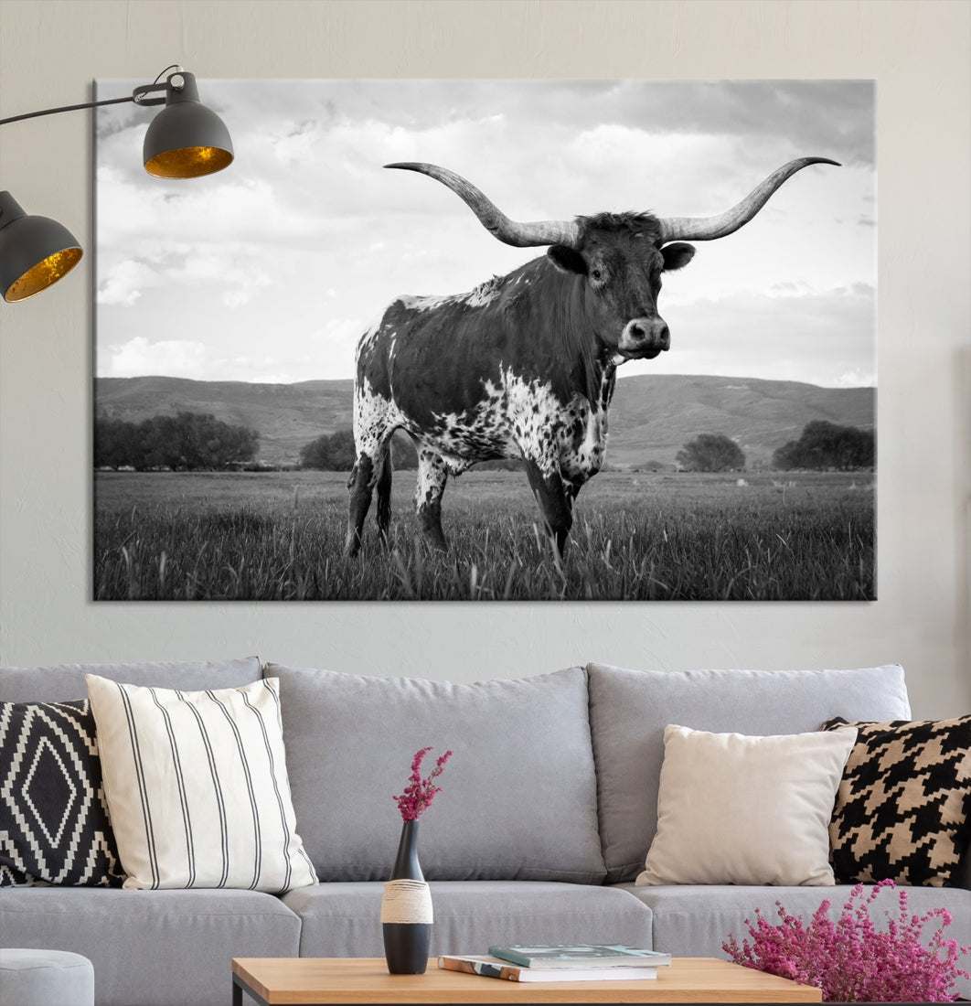 Black and White Longhorn Texas Cow Canvas Print Large Wall Art Framed