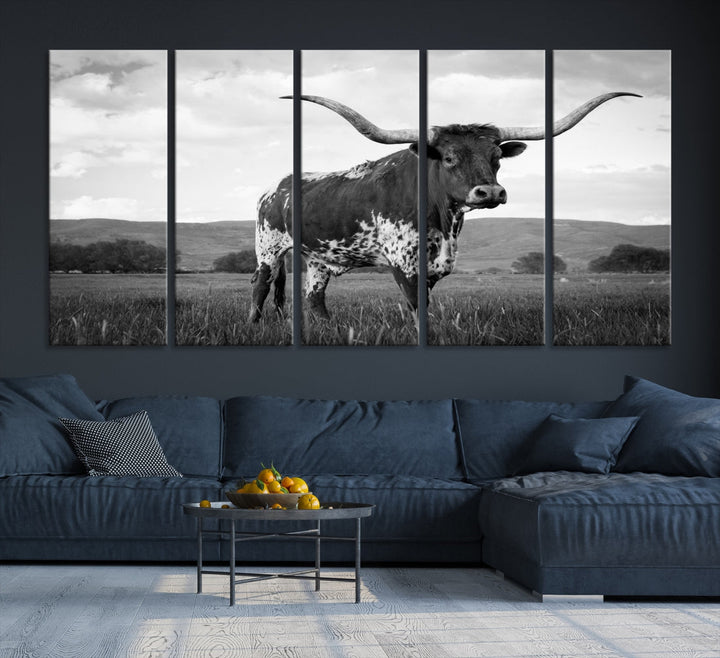 Black and White Longhorn Texas Cow Canvas Print Large Wall Art Framed