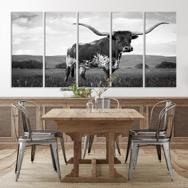 Black and White Longhorn Texas Cow Canvas Print Large Wall Art Framed