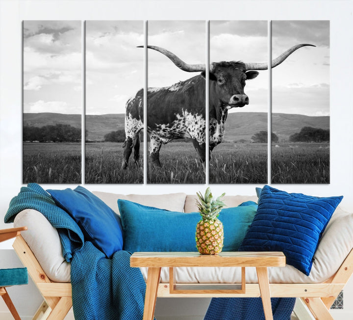 Black and White Longhorn Texas Cow Canvas Print Large Wall Art Framed