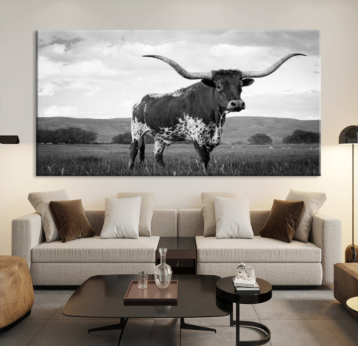 Black and White Longhorn Texas Cow Canvas Print Large Wall Art Framed