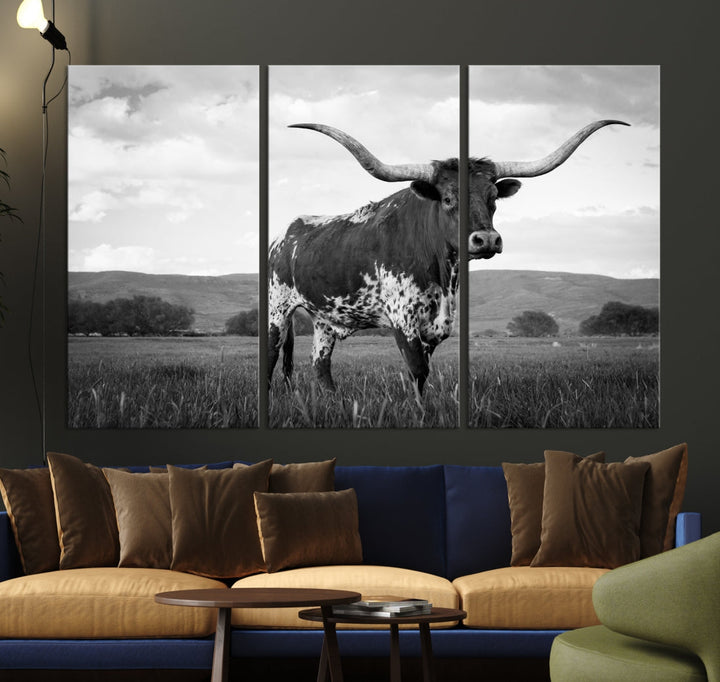 Black and White Longhorn Texas Cow Canvas Print Large Wall Art Framed