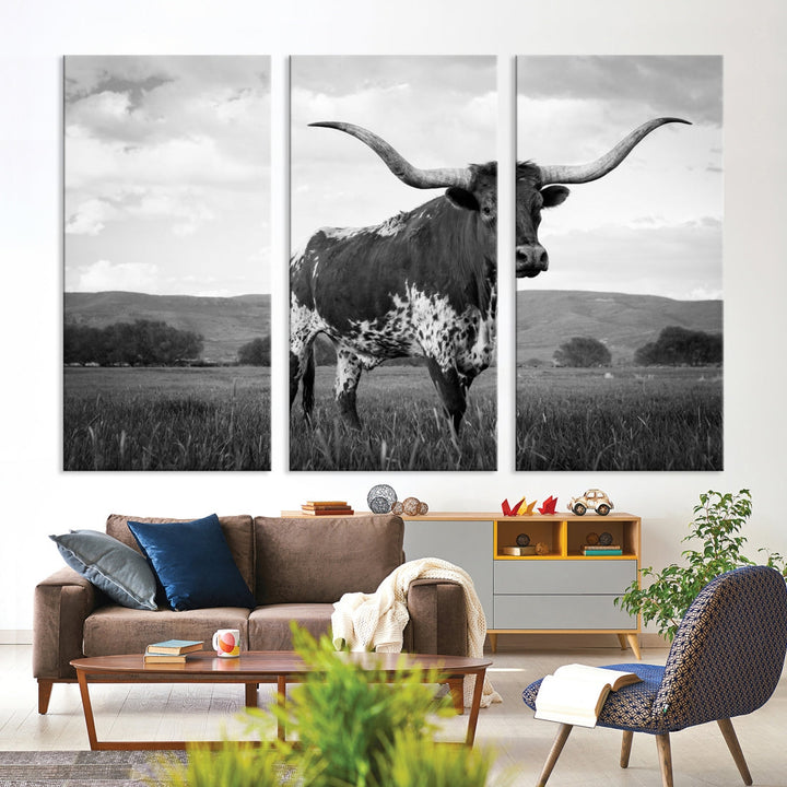 Black and White Longhorn Texas Cow Canvas Print Large Wall Art Framed