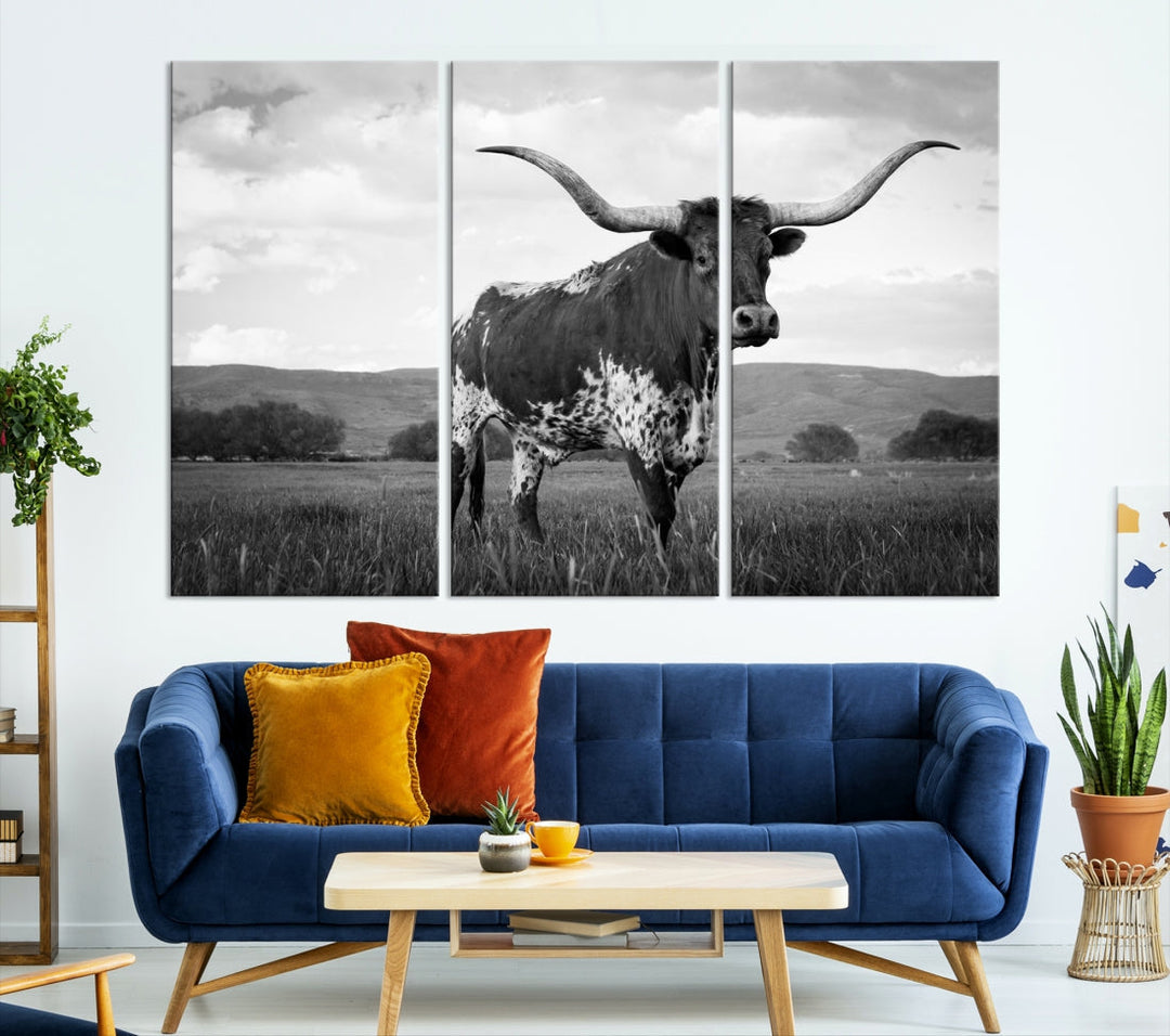 Black and White Longhorn Texas Cow Canvas Print Large Wall Art Framed