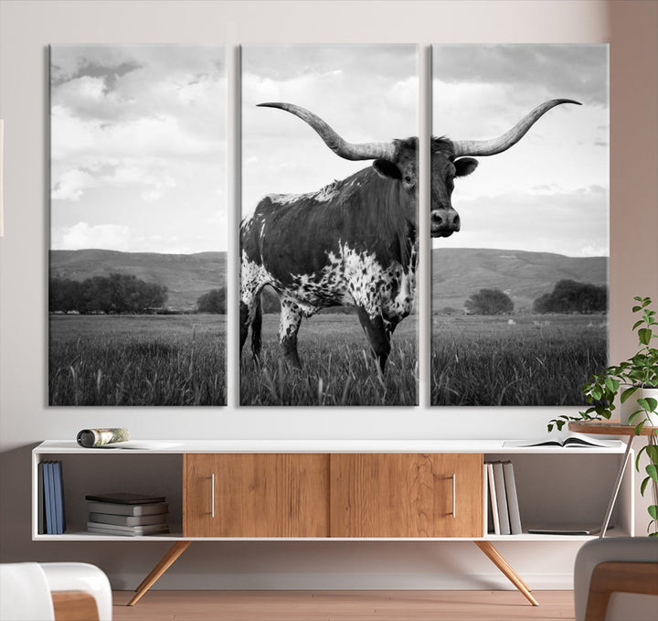 Black and White Longhorn Texas Cow Canvas Print Large Wall Art Framed