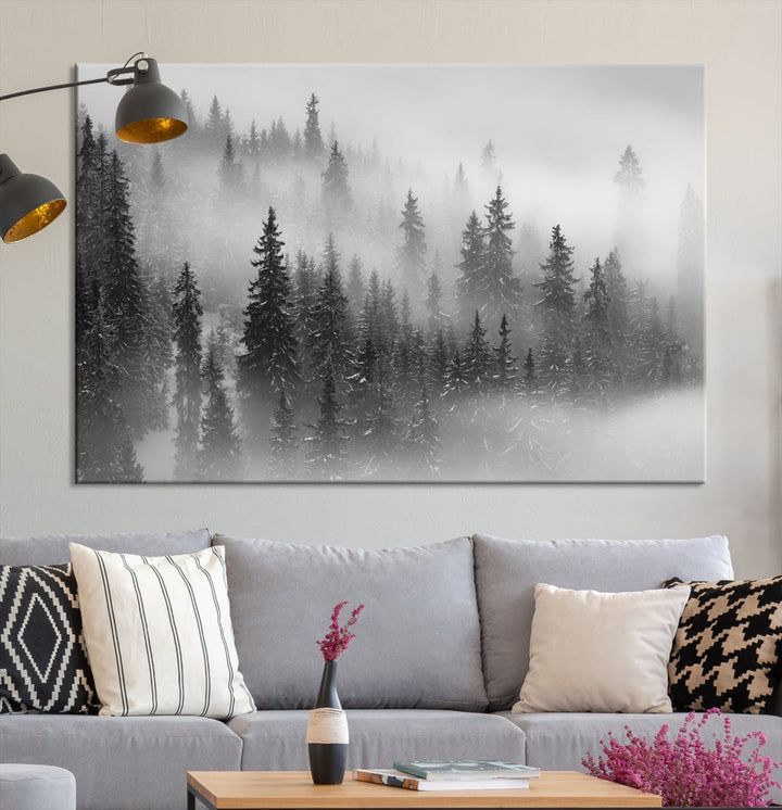 Bring the Serene Beauty of a Misty Foggy Forest with Clouds to Your Home with Our Nature Wall Art Canvas Print