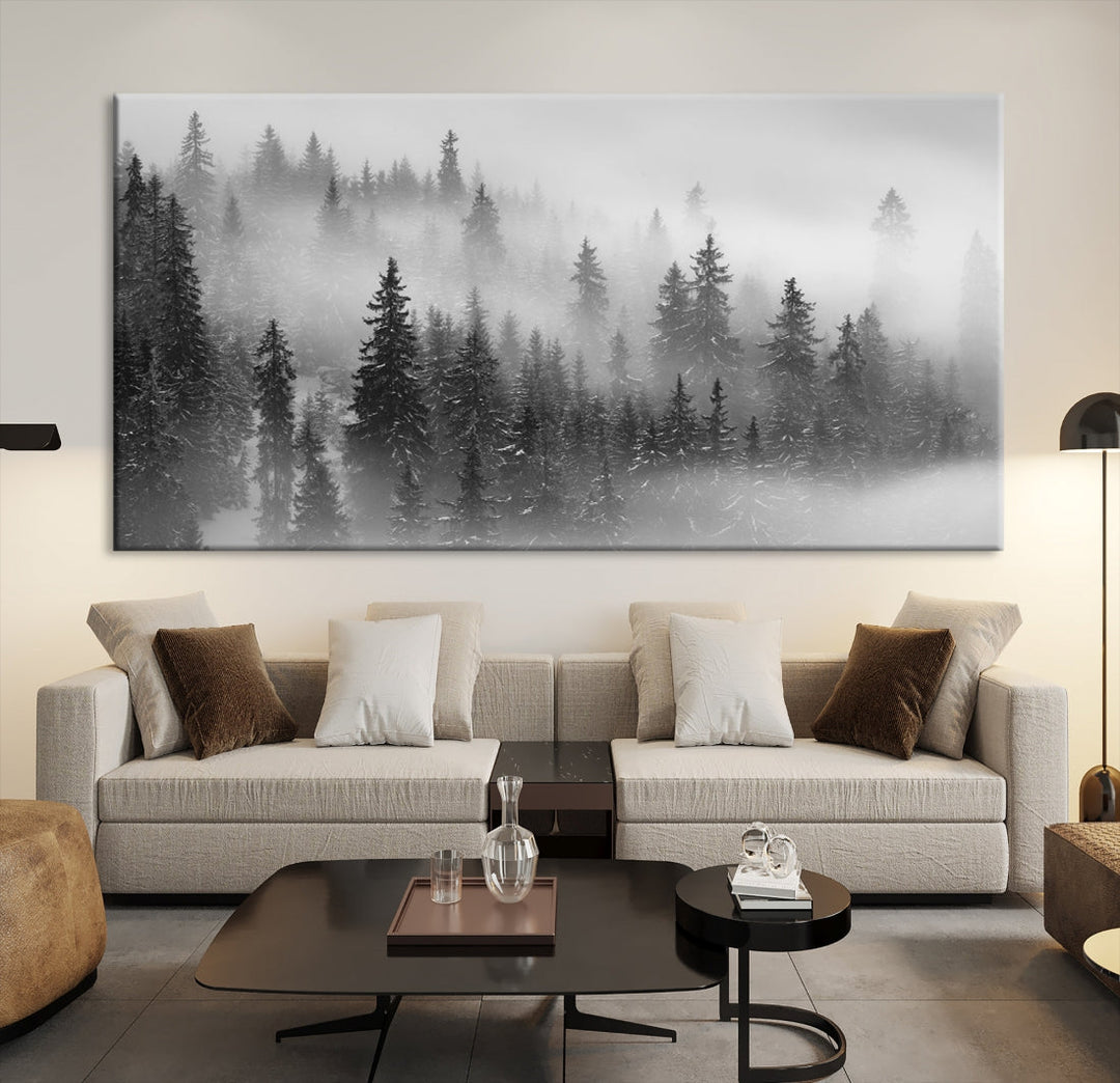 Bring the Serene Beauty of a Misty Foggy Forest with Clouds to Your Home with Our Nature Wall Art Canvas Print