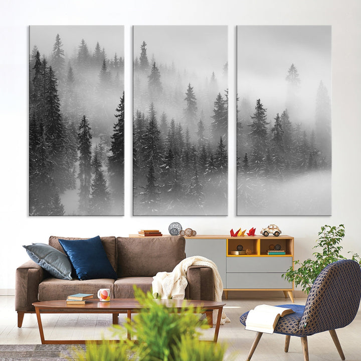 Bring the Serene Beauty of a Misty Foggy Forest with Clouds to Your Home with Our Nature Wall Art Canvas Print